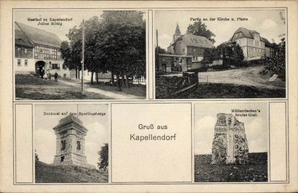 Ak Kapellendorf Weimarer Land, Gasthof Julius Möttig, Kirche, Pfarre, Denkmal Sperlingsberg, Grab