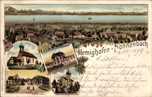 Litho Nonnenbach Hemigkofen Kressbronn am Bodensee, Panorama, Kirche, Gasthaus zum Lamm, Bahnhof