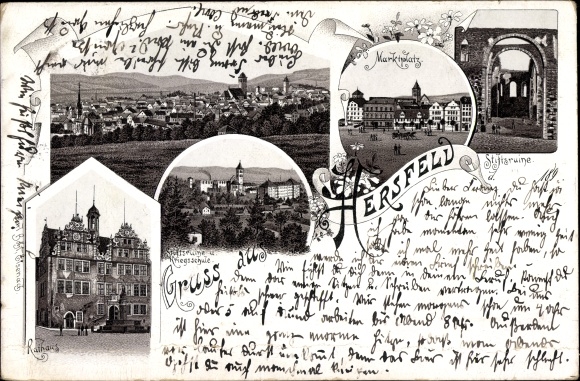 Chromo-Litho Bad Hersfeld Hesse, town hall, general view, market square, monastery ruins, war school