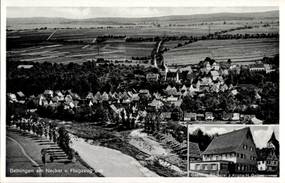 Ak Beihingen Freiberg am Neckar, luchtfoto van bakkerij zur Krone, landschap