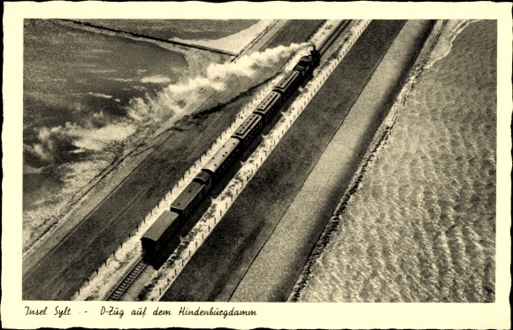 Ak-eiland Sylt in Noord-Friesland, D-trein op de Hindenburgdamm, spoorweg, luchtfoto