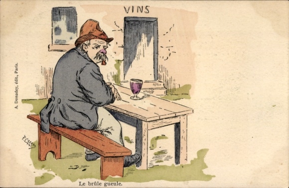 Artist Postcard Carron, P., Man with hat sitting at a table and drinking wine