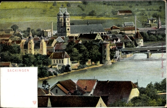 Postcard Bad Säckingen am Hochrhein, city view, half-timbered houses, church, river, bridge