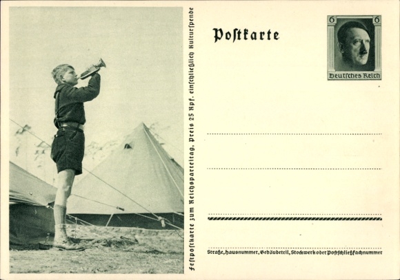Postal stationery Postcard HJ Pimpf blows the roll call, tent camp, Nazi Party Rally 1937