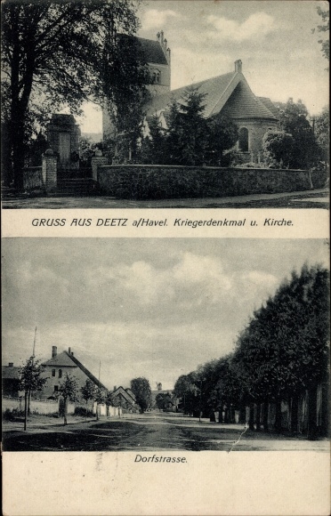 Postcard Deetz Groß Kreutz an der Havel, war memorial, church, village street