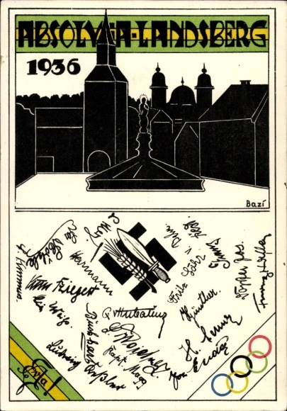 Studentika Postcard Landsberg am Lech Upper Bavaria, Absolvia 1936, Olympic Rings