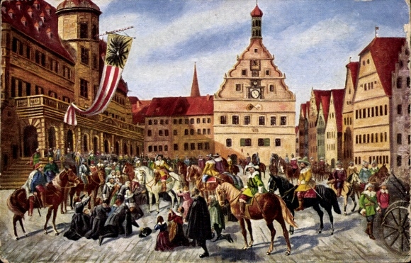 Ak Rothenburg ob der Tauber Mittelfranken, Rathaus,  Menschen, Pferde, Festumzug, Stadtansicht