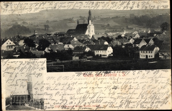 Ak Ostritz in der Oberlausitz, Blick auf den Ort, Kirche