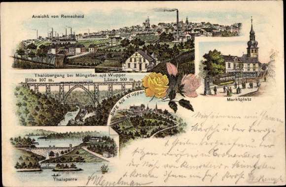 Chromo-Litho Remscheid in the Bergisches Land, marketplace, dam, castle, valley crossing near Müngsten