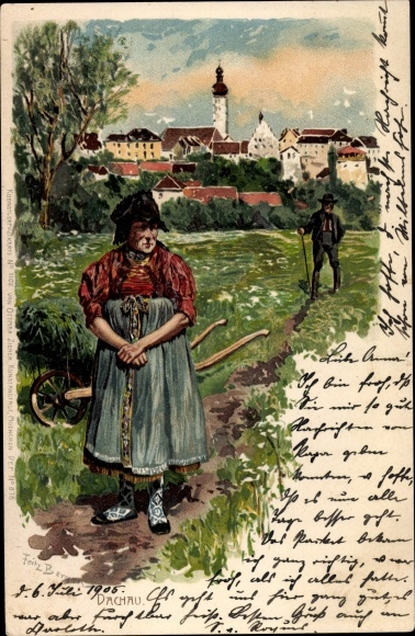 Kunstenaar litho Bergen, Fritz, Dachau Beieren, boerin, kruiwagen, gedeeltelijk zicht op de stad