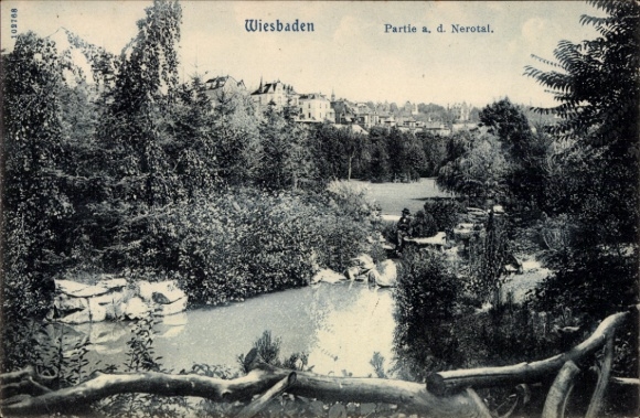 KP Wiesbaden w Hesji, część a, dolina Nerot, krajobraz z wodą, drzewami, bez ludzi