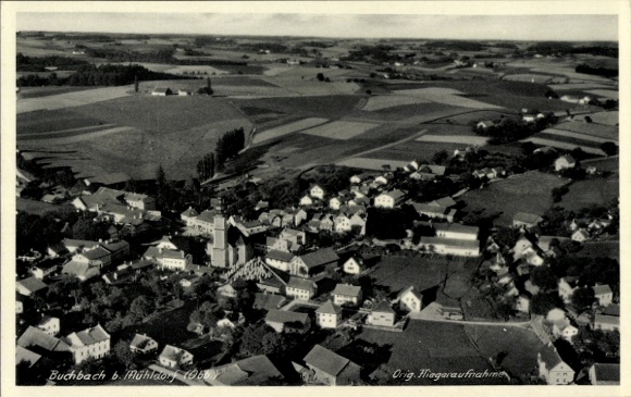 Postcard Buchbach in Upper Bavaria, aerial view of rural surroundings, houses, church