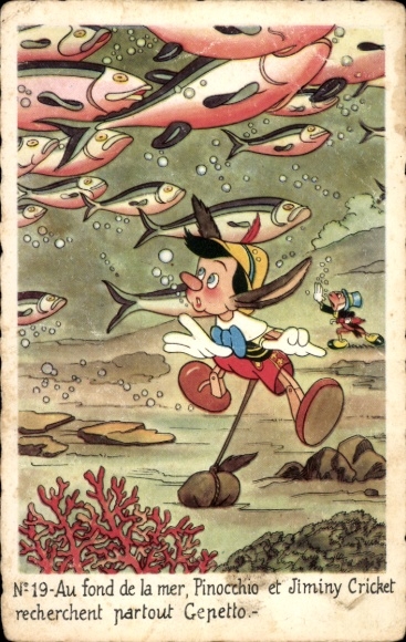 Ak Walt Disney, Pinocchio und Jiminy Cricket suchen nach Geppetto