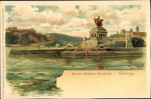 Artist Chromo-Litho Münch, C., Koblenz in Rhineland-Palatinate, Kaiser Wilhelm Monument, Deutsches Eck