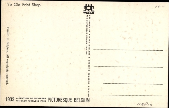 Artist Postcard Dratz, Jean, Chicago World's Fair 1933, Picturesque Belgium, Ye Old Print Shop