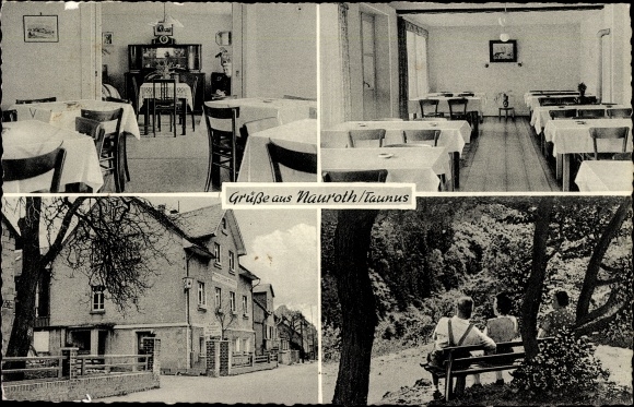 Postcard Nauroth Heidenrod Taunus, part of the way, pension and café, owner WK Fuchs, dining room