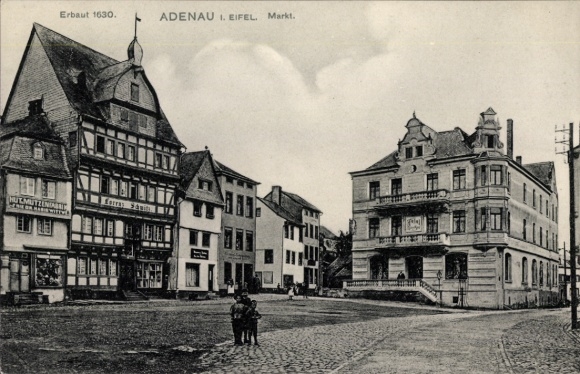 Postcard Adenau in the Eifel, market square, commercial buildings