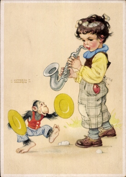 Artist Postcard Lungershausen, Ilse Wende, boy plays saxophone, anthropomorphized chimpanzee