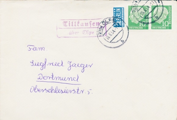 Country postmark Tillkausen in the Oberbergischer Kreis via Olpe on a letter to Dortmund, 1954