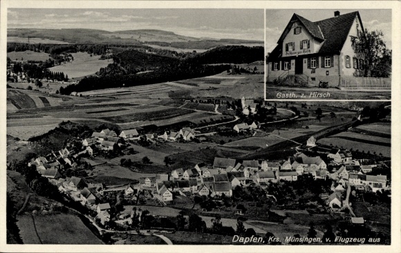 Ak Münsingen in Württemberg, Luftaufnahme, Gasthaus Hirsch, ländliche Umgebung, Wohnhäuser