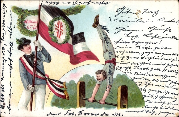 Chromo-Litho Gut Heil, gymnast on parallel bars, gymnastics club, flag