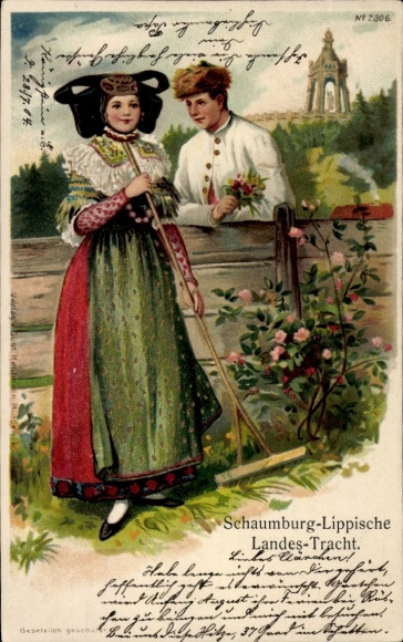Chromo-Litho Schaumburg-Lippische Landes costume, couple in traditional costumes