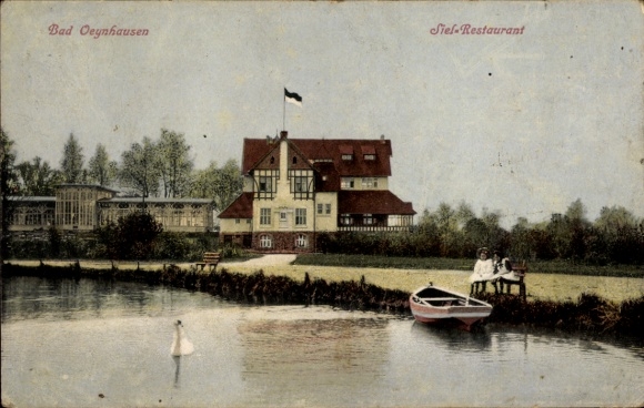 Ak Bad Oeynhausen in Westfalen, Siel-Restaurant, malerisches Gebäude, Boot am Wasser, Personen...