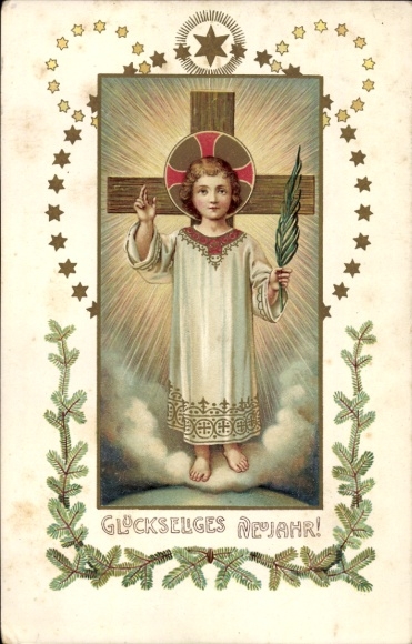 Postcard Happy New Year, baby Jesus, fir branches