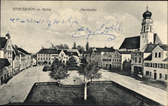 Ak Griesbach im Rottal, kavel aan het marktplein, kerk, winkels