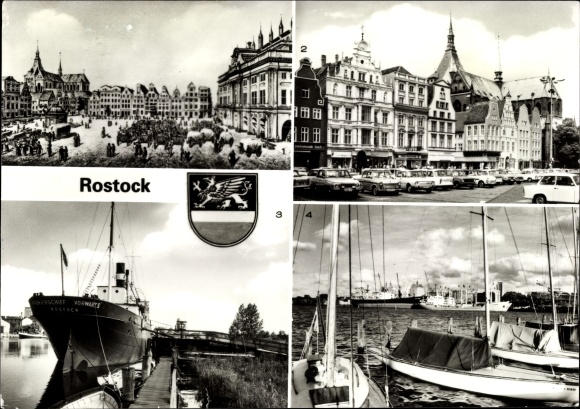 Ansichtkaart Rostock, nieuwe markt rond 1840, Ernst-Thälmann-Platz, pioniersschip vooruit, oude haven