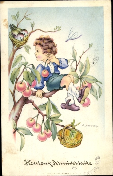 Künstler Ak Gougeon, Glückwunsch, Kind pflückt Früchte, Obstbaum