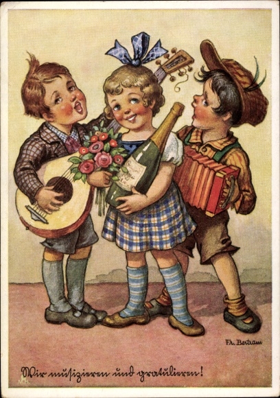 Artist Postcard Congratulations, Well-wishers, Champagne bottle, Musical instruments