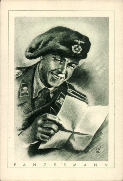 Artist Postcard Richter, The German Soldier, Tank Man, Collar Patch Skull, Wehrmacht, WWII