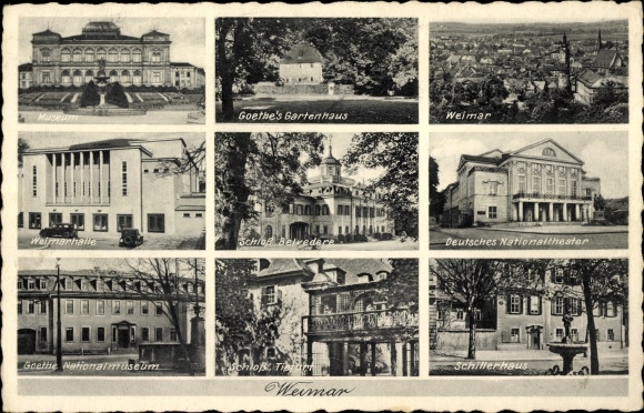 Ak Weimar in Thüringen, Goethe's Gartenhaus, Schloss Belvedere, Schillerhaus, Museum, Weimarhalle