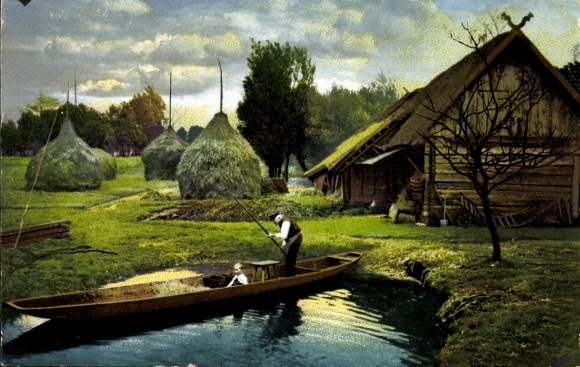 Ak Spreewaldbilder, Großvaters Ausfahrt, Gondel, Bauernhof
