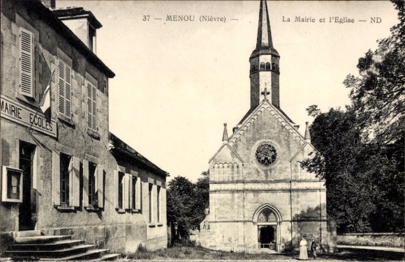 Ak Menou Nièvre, Mairie, Eglise, Architektur, Historische Gebäude