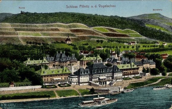 Postcard Dresden Pillnitz, castle ruins, Borsberg, river, landscape