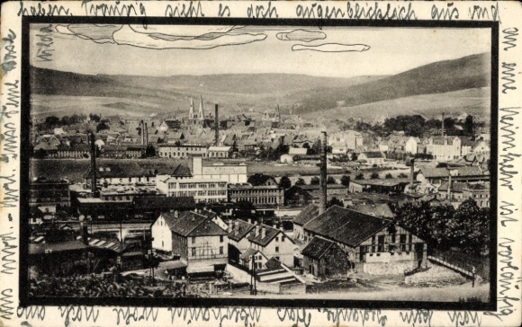 Postcard Alfeld an der Leine, city view with houses, industry and mountains, clouds in the sky