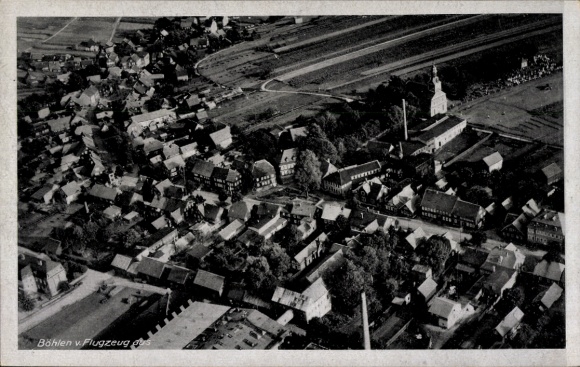 Postcard Böhlen in the district of Leipzig, aerial view of church, residential buildings, rural surroundings