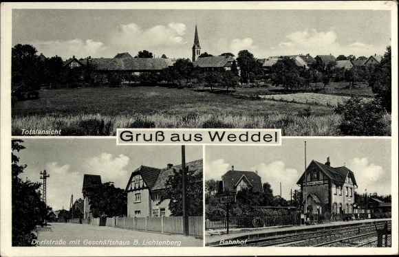 Postcard Weddel Cremlingen Lower Saxony, general view, train station, commercial building B. Lichtenberg, Dorfstrasse