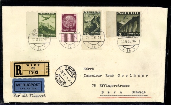 DR Ostmark, Austria nr 600, 604, 609 z DR 520 na kopercie poczty lotniczej R