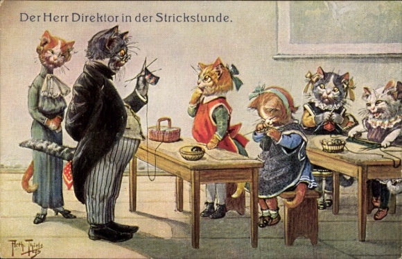 Artist PC Thiele, Arthur, anthropomorphized cats at school knitting