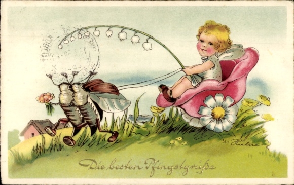 Künstler Ak Glückwunsch Pfingsten, Maikäfer, Elfe in Blütenwagen, Maiglöckchen