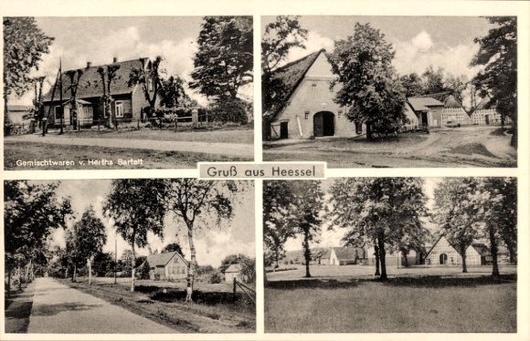 Ansichtkaart Heessel Hemmoor in Nedersaksen, gedeeltelijke weergaven, winkel Hertha Bartelt