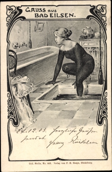 Chromo-Litho Bad Eilsen Lower Saxony, woman gets out of the mud bath