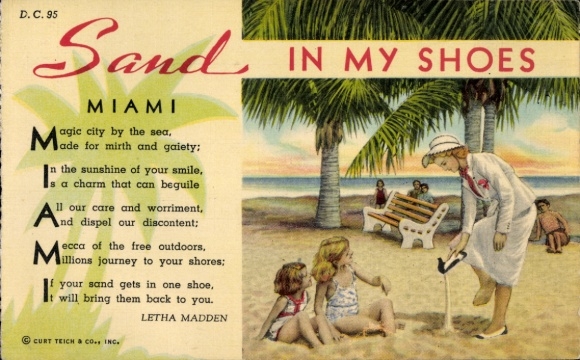 Ak Miami Beach Florida USA, familie op het strand, zand in mijn schoenen