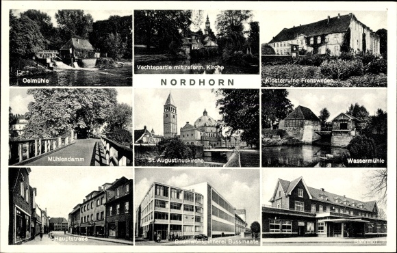 Postcard Nordhorn in the county of Bentheim, oil mill, train station, water mill, church, cotton mill