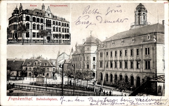 Ak Frankenthal in der Pfalz, Neues Progymnasium, Bahnhofsplatz, elegante Architektur