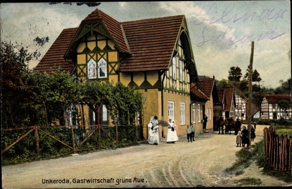 Postcard Unkeroda Gerstungen Wartburgkreis, inn green Aue, street, residents