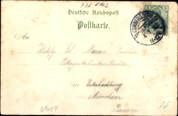 Chromo-Litho Radeberg in Saxony, total view, station building, market, Hotel zum Kaiserhof